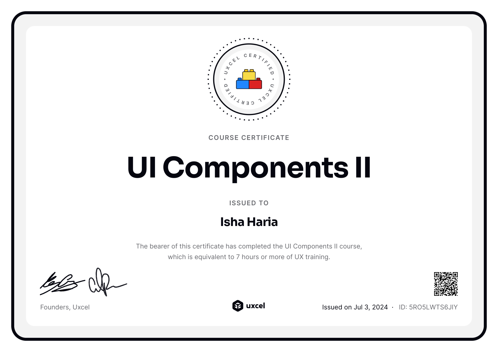 Isha Haria's certificate